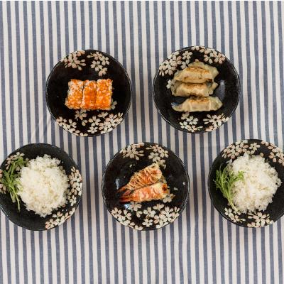 日本AITO美浓烧陶瓷碗汤碗5件套 【宇野千代淡墨樱花】黑色