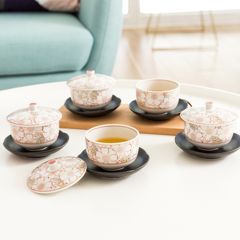 日本AITO美浓烧陶瓷带盖茶杯茶托5件套 【抚松庵系列】红色