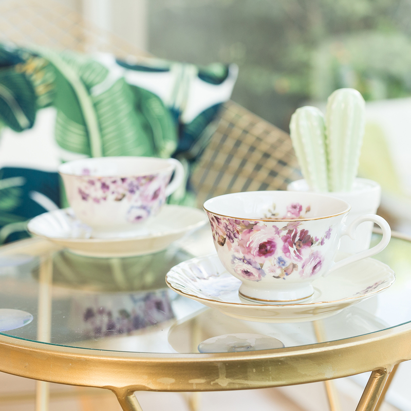 AITO美浓烧陶瓷茶水杯咖啡杯杯托2组套装 【梦幻玫瑰系列】