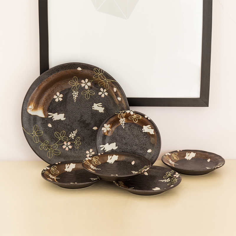 日本AITO美浓烧陶瓷餐盘碟礼盒6件套 【林静一春秋兔】黑色