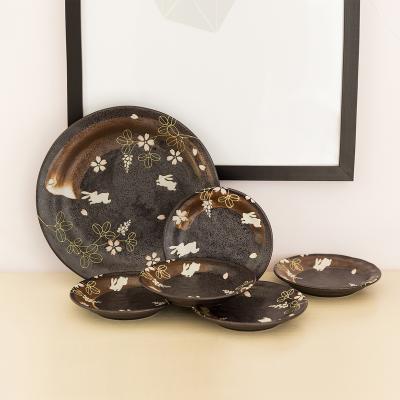 日本AITO美浓烧陶瓷餐盘碟礼盒6件套 【林静一春秋兔】黑色