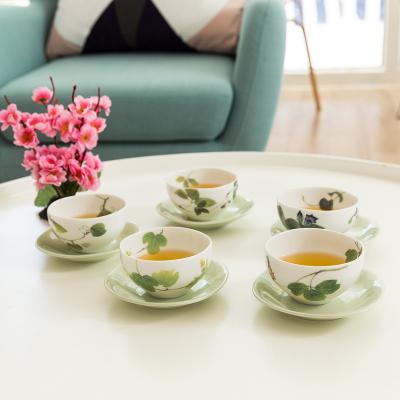 AITO美浓烧陶瓷茶杯茶杯托5组套装 【林静一春花系列】绿色