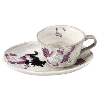 日本AITO濑户烧陶瓷茶水杯杯托套装 【抚松庵系列】芙蓉与猫