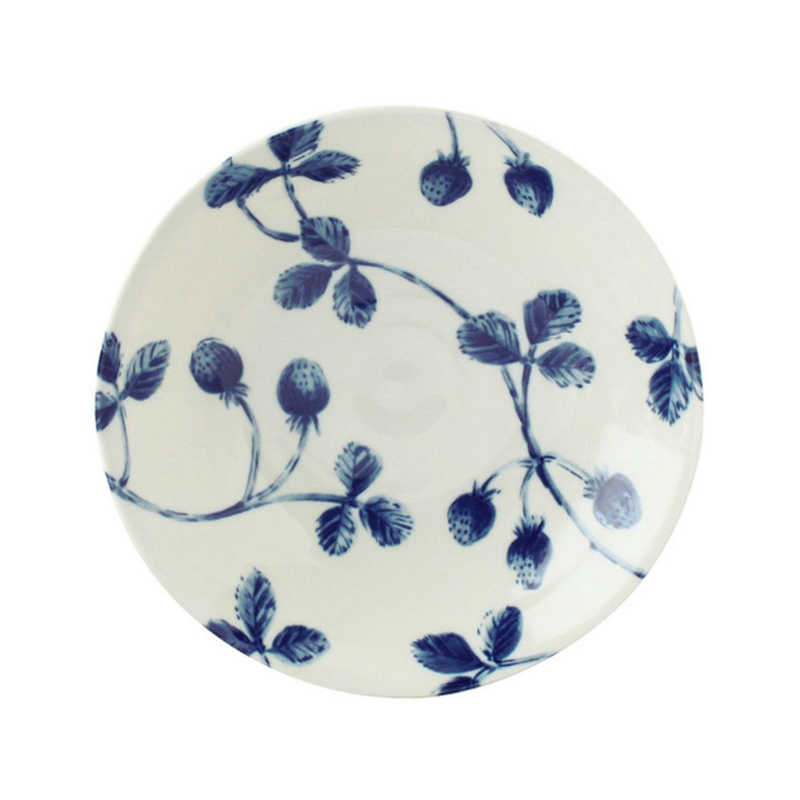 日本AITO美浓烧陶瓷碗浅口碗 【Botamical系列】草莓图案蓝白