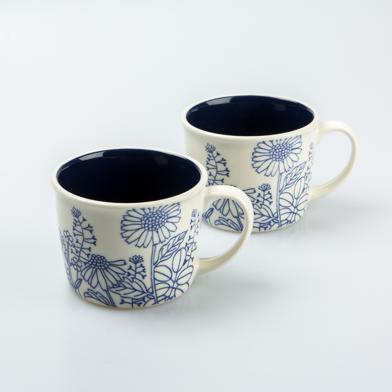 日本AITO美浓烧陶瓷茶水杯马克杯2件套 【plants&plants】蓝白