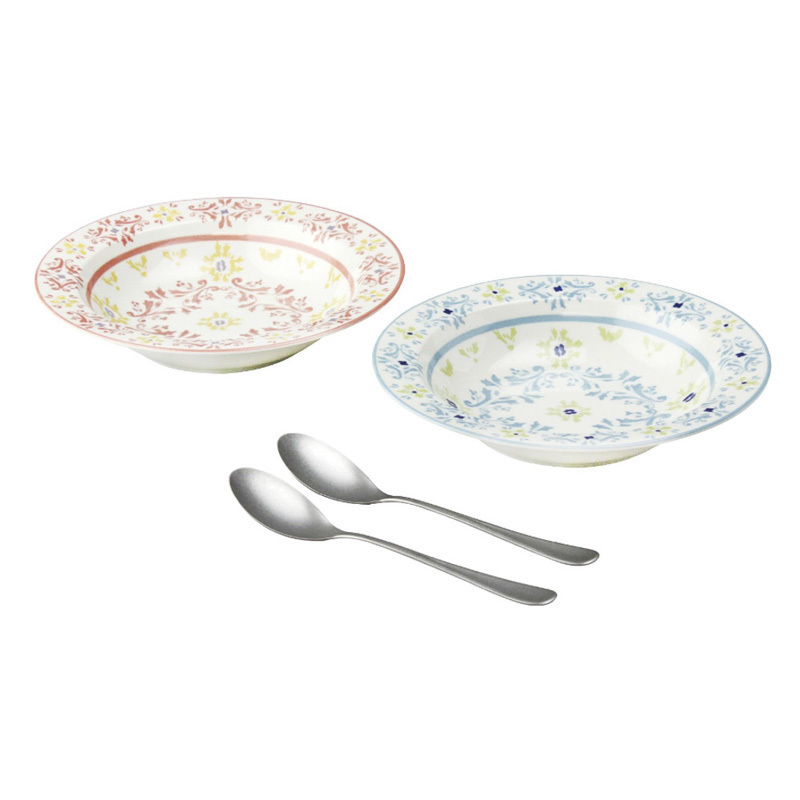 日本AITO美浓烧陶瓷碗勺子4件套 【Diane-Harrison系列】红蓝色