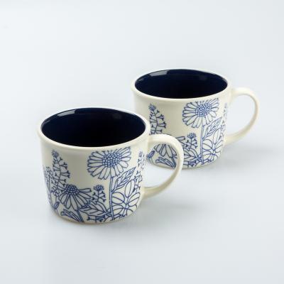 日本AITO美浓烧陶瓷茶水杯马克杯2件套 【plants&plants】蓝白