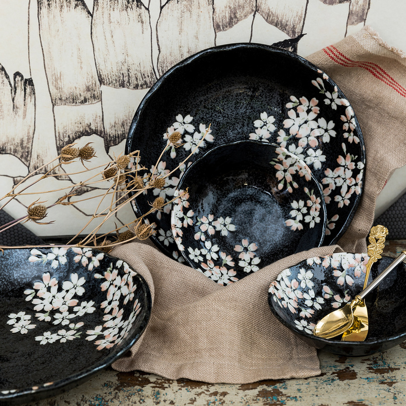 日本AITO美浓烧陶瓷碗碟7件套 【宇野千代淡墨樱花】黑色