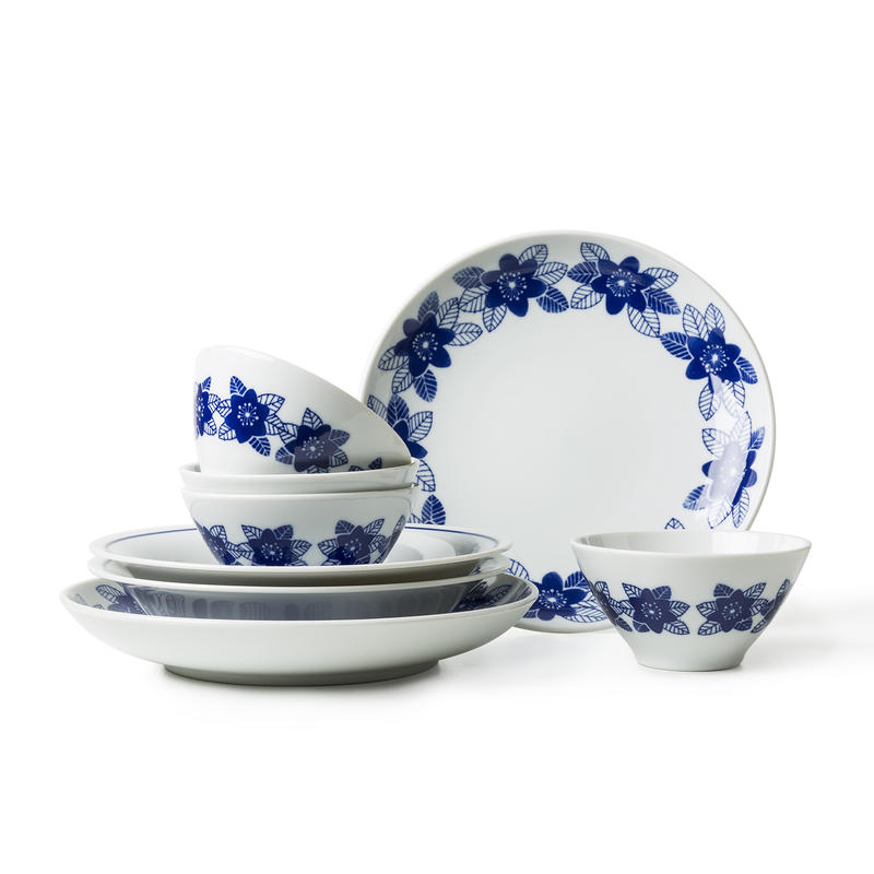 日本AITO雪割草美浓烧陶瓷餐具八件礼盒套装 蓝色